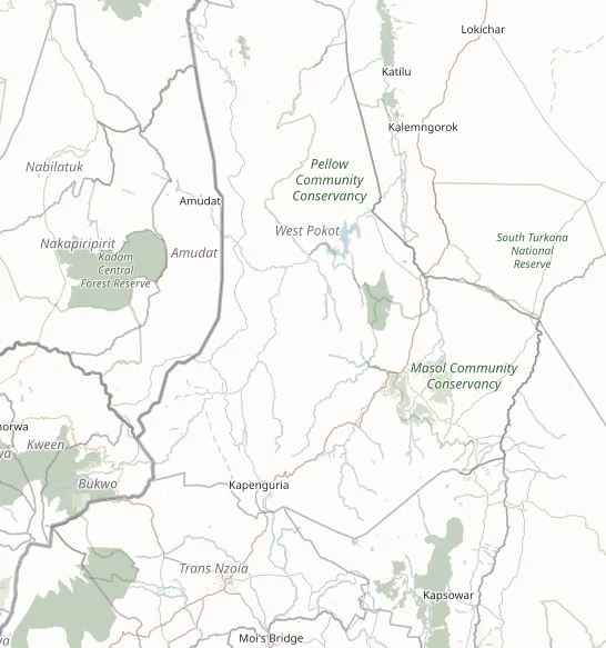 Map of West Pokot County in north-west Kenya, showing Kapenguria and the surrounding region