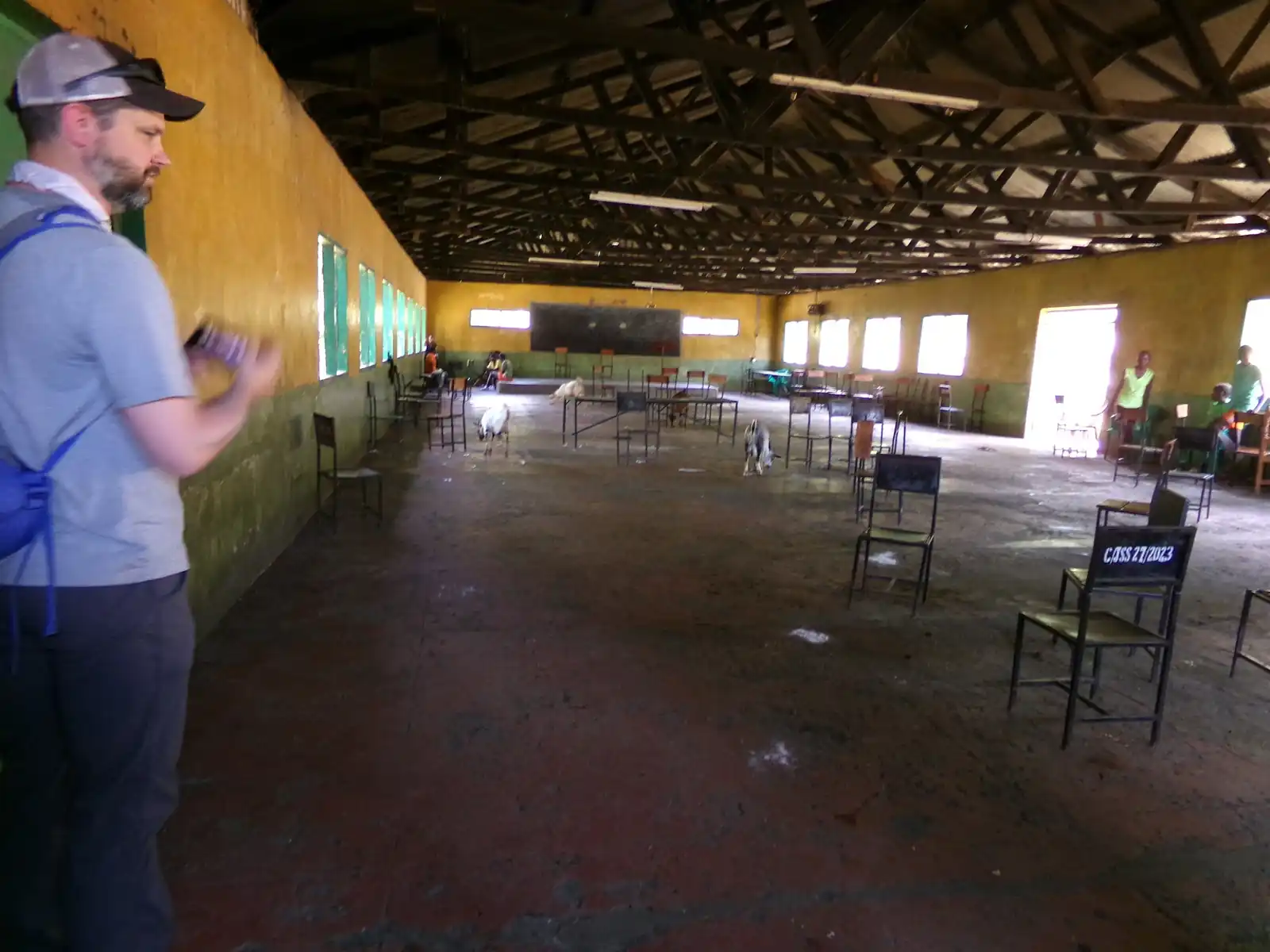 The dining and assembly hall, empty between sittings