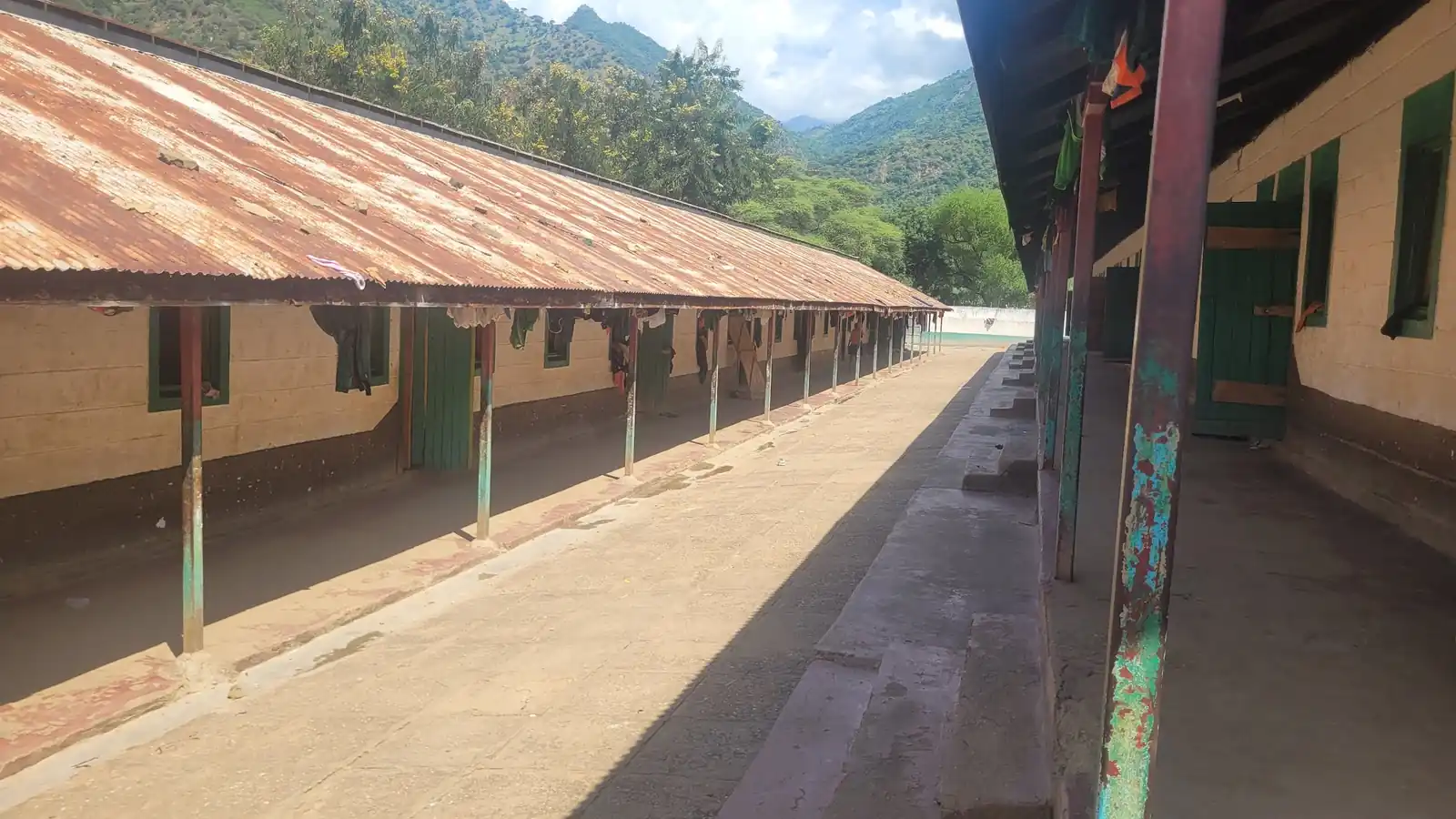 The long covered veranda running the length of the classroom block